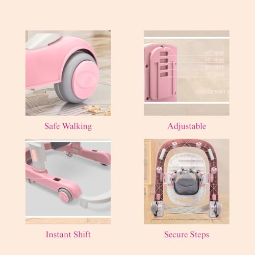 Image of Little Olive Baby Walker for Kids | Adjustable Height Baby Walking Support with Interactive Activity Toy Tray, Comfortable Padded Seat & Smooth Multi-Directional Wheels | Walker for Baby Boys & Girls - Pink