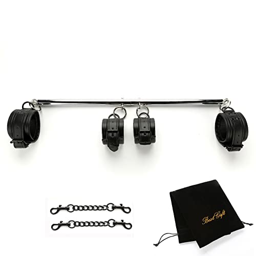 EXREIZST Expandable Spreader Bar with Bag and 4 Soft Leather Straps Set Adjustable Home Yoga Bar Set, Silver and Black