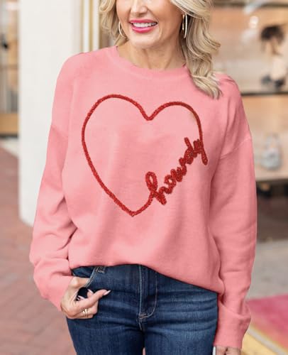 Image of SELINK Women's Valentines Sweater Crew Neck XOXO Heart Print Casual Long Sleeve Pullover Tops Sweaters Pink Heart-S