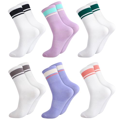 Image of Partideal 6 Pairs Ladies Socks, Breathable Women Striped Crew Socks Cotton Sport Sock Multipack for Women Ladies Girls