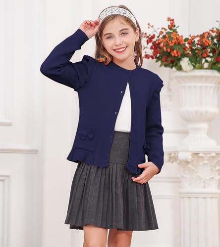 Girls Cardigan Sweater School Uniforms Button Crewneck Cute Ruffle Long Sleeve with Pockets Bowknot Knit Tops3