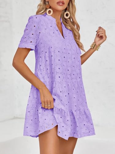 Image of Imily Bela Womens Summer Lace Dresses Eyelet Casual Flowy Babydoll Swing Short Sleeve V Neck Tunic Dress