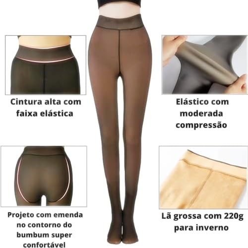 Meia Calça De Frio Lã Forrada Com Pelúcia Aveludada Translúcida Térmica Modeladora Inverno Com Pé Pr
