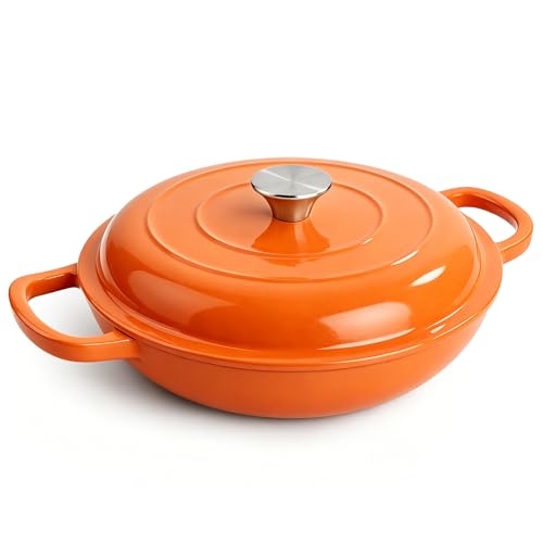 3 Quart Enameled Cast Iron Braiser, Non Stick Enameled Cast Iron Skillet with Lid, Dutch Oven Skillet with lid up to 500°F for Oven, Stove, Grill, Shallow Dutch Oven for Cook, Bake (Orange)