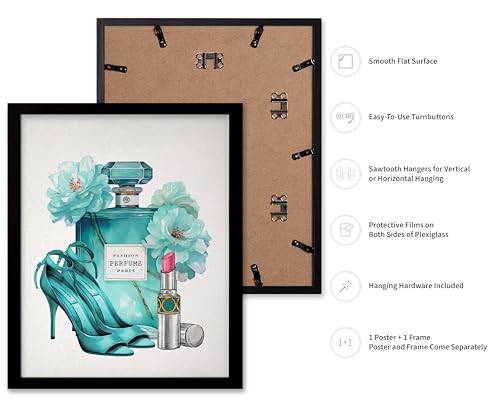 Image of Poster Master Turquoise Blue Designer Print - Fashion Poster - Shoes, Lipstick & Perfume Art - Chic Gift for Women & Fashionista - Glam Decor for Bedroom or Girl's Room - 16x20 Black Framed