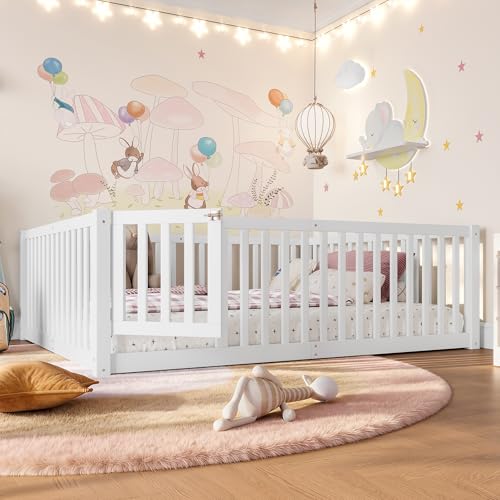 Image of Bellemave Full Size Kids Montessori Floor Bed with Door,Solid Wood Floor Bed Frame with High Fence for Girls,Boys,White
