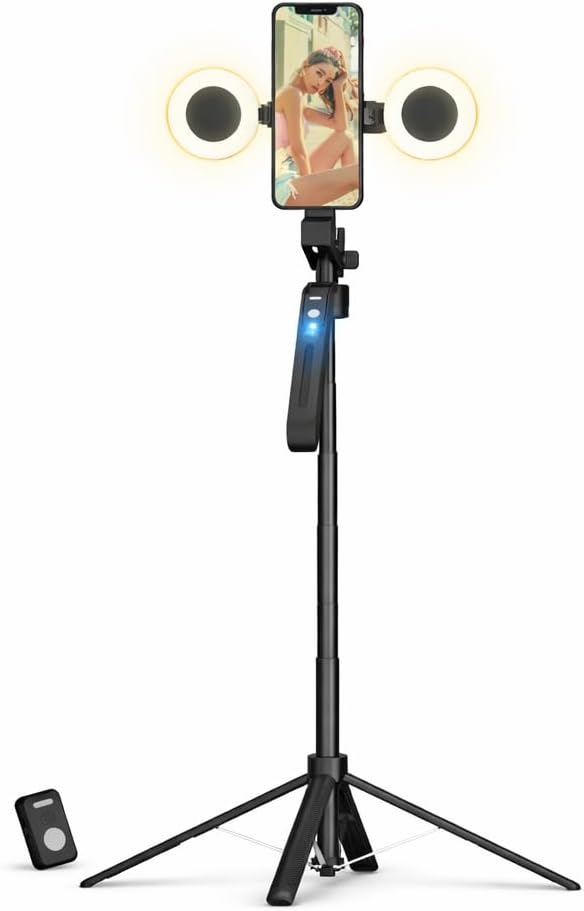 FUNSNAP 70.9" Auto Face Tracking Selfie Stick Tripod for iPhone Android with Lights, No App, 360°Rotation Tripod that Follows Your Movement with Remote Control for Live Streaming, TikTok, YouTube
