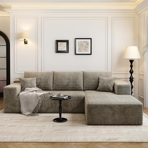 Image of 107.5 inch Cloud Modular Sectional Sofa Couch with L-Shape Chaise,Modern Minimalist Upholstered Couches for Living Room Bedroom,Deep Seat Corner Couch,No Assembly Required (Camel,Right Facing Chaise)