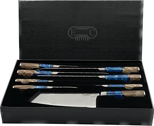 The Epicurean Cook Tidal Collection Kitchen Knife Set With Burl Wood Resin Handles (Blue Resin Handle). This 8-Pc Damascus Chef Knife Set, Are Ideal Kitchen Knives Set For The Kitchen. #TOP5