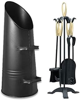 Fireside Black Coal Hod Scuttle Bucket + 5 Piece Companion Set Cast Iron Tools (21.5" Coal Hod + 22" Brass Loop Top Companion Set)