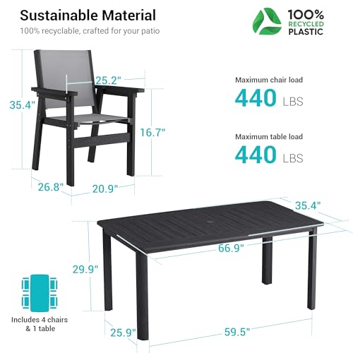 Image of 5-Piece Outdoor Dining Set for 4, HDPE Patio Dining Table and Stackable Chairs Set, Weather Resistant Rectangular Table with Umbrella Hole for Garden, Backyard, Lawn and Poolside, Woven Black