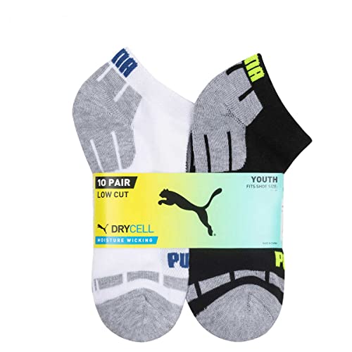 Puma Low Cut Kids Socks Dry Cell Moisture Wicking Stay Cool Dry Arch Support ( 10 Pair) (Youth Shoe Size (4-9.5)
