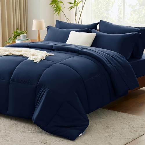 Photo 1 of CozyLux Queen Comforter Set - 7 Pieces Bed in a Bag Set Navy Blue Queen