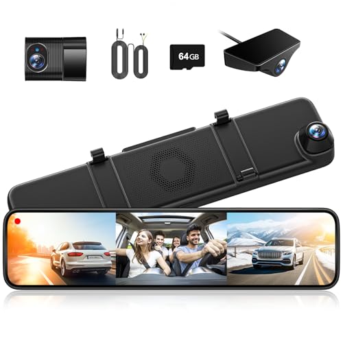 WOLFBOX G890 12' 3 Channel Mirror Dash Cam, 2K Triple Rear View Mirror Camera, 4K Dash Cam Mirror...