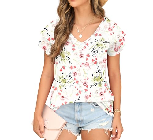 FREEOAK T-Shirts for Women White Summer Floral Tops Ruffle Sleeve...
