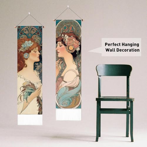 PLIGREAT 2 Pack Mucha Girl Wall Tapestry Vintage Vertical Wall Hanging with Tassels Decorative Aesthetic Long Tapestry for Bedroom Living Room Home Decorations, 52 x 13 Inch