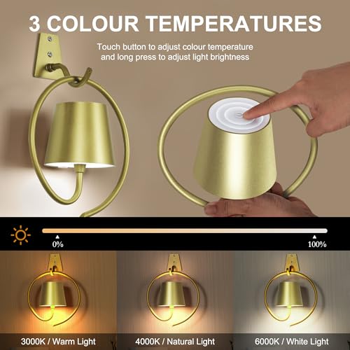 Image of 5200mAh Wireless Wall Light, Rechargeable Batttery Operated Wall Sconces Set of 2,3 Color Stepless Dimming Up, Wall Lamp for Battery Operated Lamp for Bedroom /Living Room /Hallway (Champagne)