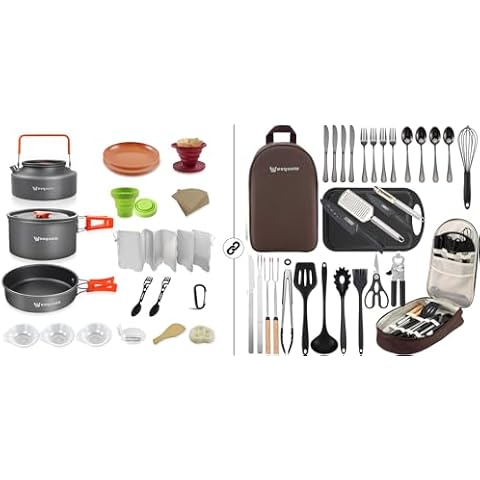 Wesqunie 30Pcs Camping Cooking Utensils Set & 20Pcs Outdoor Camping Cookware Mess kit Brown Bundle Cover