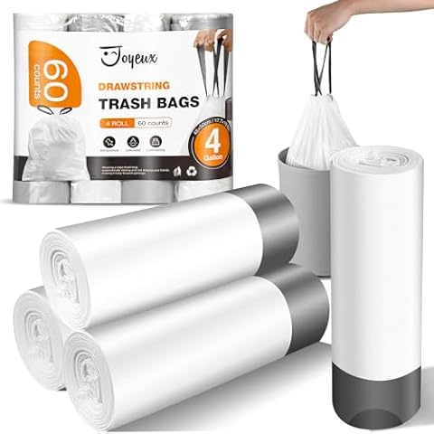 Small Trash Bags 4 Gallon - 60 Count Drawstring Unscented Small Garbage Bags, White Trash Can Liners for Bathroom, Bedroom, Office Cover