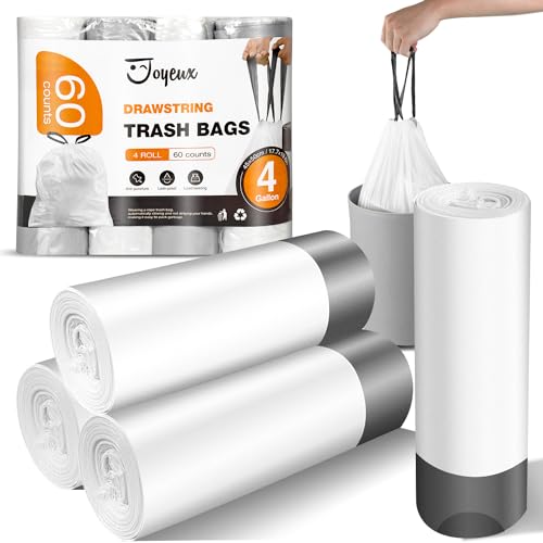 Small Trash Bags 4 Gallon - 60 Count Drawstring Unscented Small Garbage Bags, White Trash Can Liners for Bathroom, Bedroom, Office