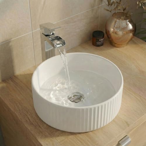 BAYSTONE Fluted Countertop Basin Sink, Gloss White Round Ceramic Bathroom & Cloakroom Wash Basins, Modern Designer Vanity Bowl, 360 x 360mm