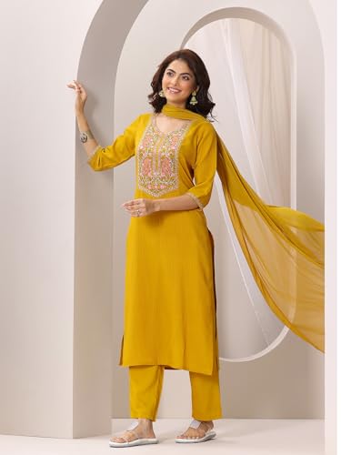 Image of Libas Gerua Womens Embellished Silk Blend Straight Kurta With Trousers and Dupatta