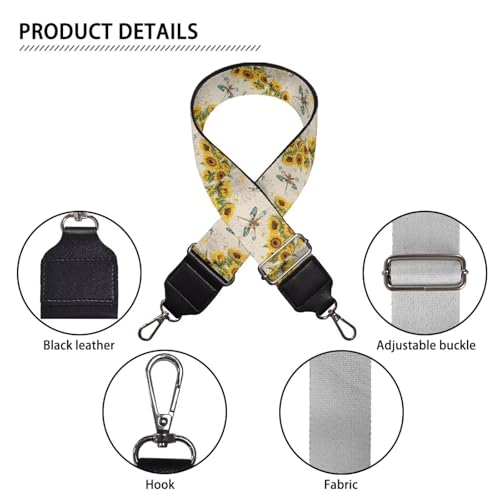 Image of Talayituse Dragonfly Sunflower Print Shoulder Strap Wide Purse Bag Strap Adjustable Replacement Belt Luggage Crossbody Shoulder Bag Strap for Women Girls