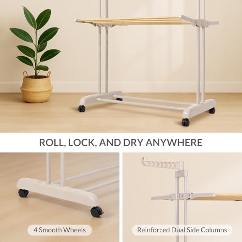 Todeco Harmony Collection 3-Tier Indoor Clothes Airer - Wood Effect Tubes, Swivel Wings, Ivory Latte Frame on Wheels - Image 5