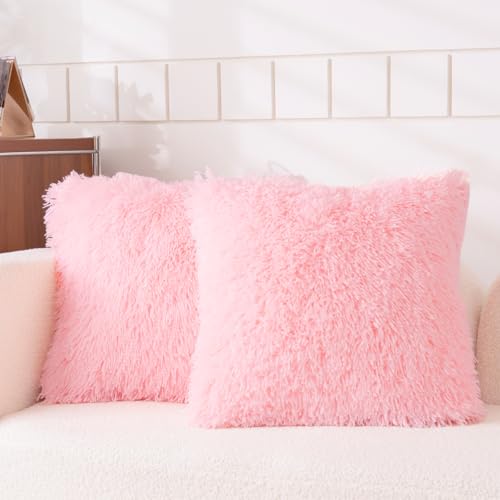 HAIHUA Faux Fur Pink Throw Pillow Covers, Fluffy Soft Fuzzy