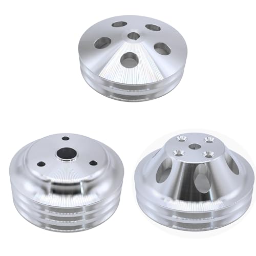 Prefer Warehouse Chrome 3Pcs Polished Aluminum Power Steering and Water Pump and Crankshaft Pulley 3/2 Groove Kit Compatible with SBC Chevy 265 283 305 327 350 383 400 V8 Long Water Pump