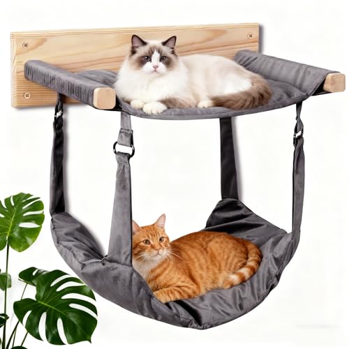 JSPYFITS Wooden Cat Furniture Wall Mounted Double Layer Hammock Large Size 18.9 Removable Multi-Function Cat Bed for Sleep/Play/Climb Kitten Window Perch Easy DIY Installation(Grey)
