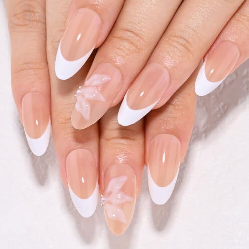 evpct White French Tip Press on Nails Short Almond with 3D Flower Design