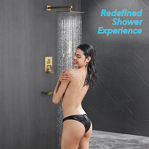 Vanfoxle Shower Faucet Set Brushed Gold Shower System With Tub Spout,Push Button Diverter Shower Fixtures With 2 In 1 Handheld,Ceiling Mounted 10 Inches Shower Head(Rough-In Valve Body And Trim) #TOP6