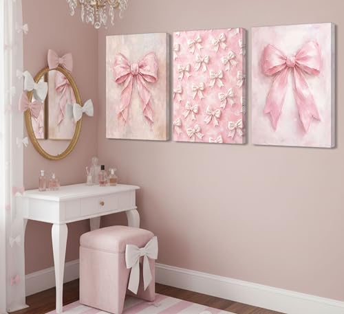 Image of 3Pcs Pink Bow Canvas Wall Art Vintage Trendy Cute Preppy Watercolor Bow Painting Pictures Wall Decor Posters Prints Girly Aesthetic for College Apartment Bedroom Decoration