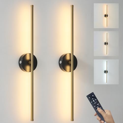 Image of Battery Operated Wall Sconces with Remote Control, Dimmable Wall Sconces Set of Two, 350Rotate, 3000K LED Matte Black and Brass Gold Wireless Wall Light for Living Room, Bedroom, Hallway, 28.3 Inch