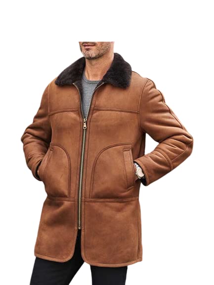 Image of New Mens Shearling Coat Long | Winter Outwear Natural Sheepskin Leather Jacket | Genuine Fur Overcoat Brown