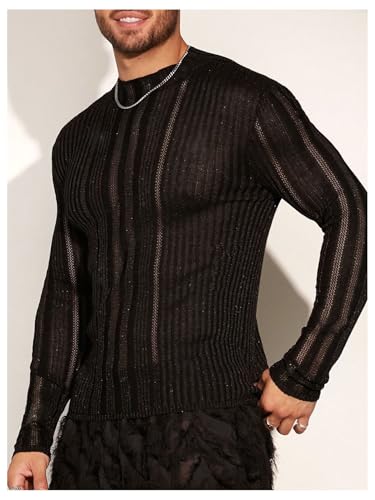 OYOANGLE Men's Crochet Knit Long Sleeve Mock Neck Sweater See Through Party Pullover Tops Knitwear2