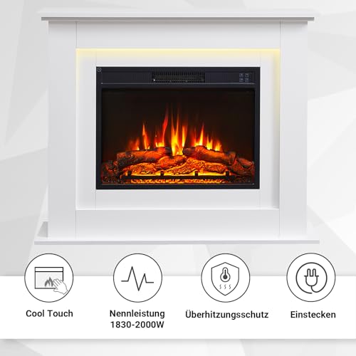 BALDERIA Finn - Elektrokamin mit Heizung in Weiß mit Kaminsims, 3D Flammeneffekt