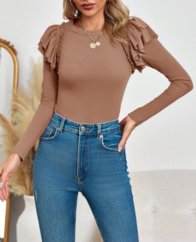 Image of Tankaneo Womens Ruffle Long Sleeve Shirts Fitted Ribbed Knit Tops Fall Casual Crew Neck Tees
