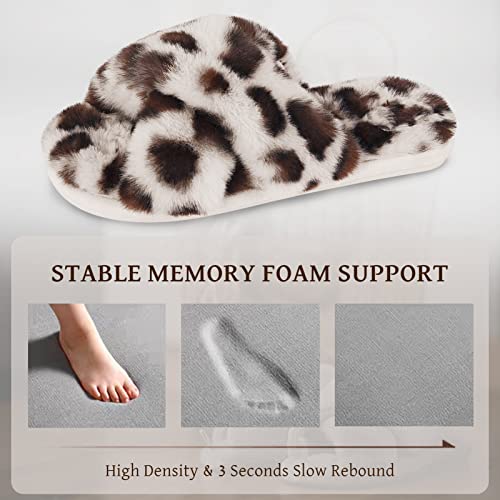 Womens Cross Band Slippers Cozy Furry Fuzzy House Slippers Open Toe Fluffy Indoor Shoes Outdoor Slip On Warm Breathable Anti-Skid Sole Leopard Beige 7-8 M #TOP3