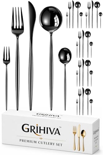 Image of 30 Pcs Black Cutlery Set for Dining Table the Perfect Lightweight Silim Handle Tableware Including Dinner Spoon, Dinner Fork, Dinner Knife, Dessert Spoon & Dessert Fork