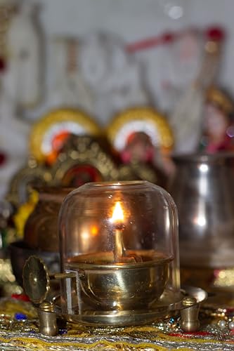 Brass Akhand Oil Diya 3x3.5 inch with Clear Glass Cover | Rotating Lifting Wick | Perfect for Spiritual Decor, Hindu Rituals, Diwali Festive Gifts — photo — 5 of 9