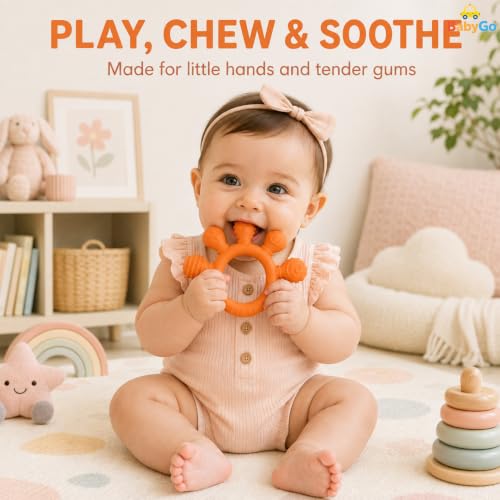 Image of BabyGo 2-in-1 Baby Teether & Sensory Ring | Soft Silicone Multi-Textured Chew Toy for Gum Soothing | Mouthing & Sensory Development | Easy-Grip Toy for Infants 3-12 Months | Orange | Pack of 1