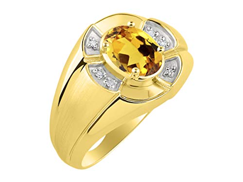 Image of Rylos Yellow Gold Plated Silver Men's & or Ladies Ring with 8X6MM Oval Gemstone & Diamonds - Unisex Color Stone Birthstone Ring Sizes 7-13