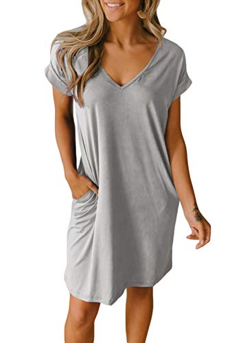 BTFBM Women V-Neck Short Sleeve Solid Color Casual Loose Fit T-Shirt Tunic Dress with Two Side Pockets (Grey, Medium)