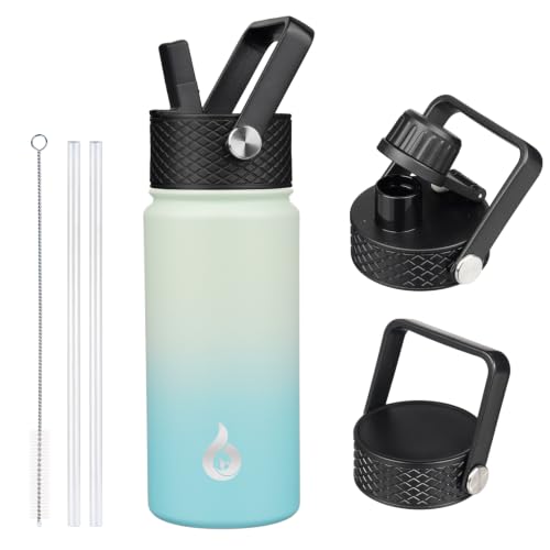 Image of BJPKPK Insulated Water Bottles with Straw Lid, 18oz Stainless Steel Metal Water Bottle, Cold Hot Thermo with 3 Lids, Leak Proof BPA Free Travel Cup, Wide Mouth Flasks, Thermo -Mint