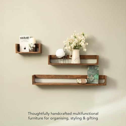 Image of Ellementry Still Life Wall Shelf Set of 3 Mango Wood Walnut Finish | Decorative Floating Shelves, For Living Room & Bedroom