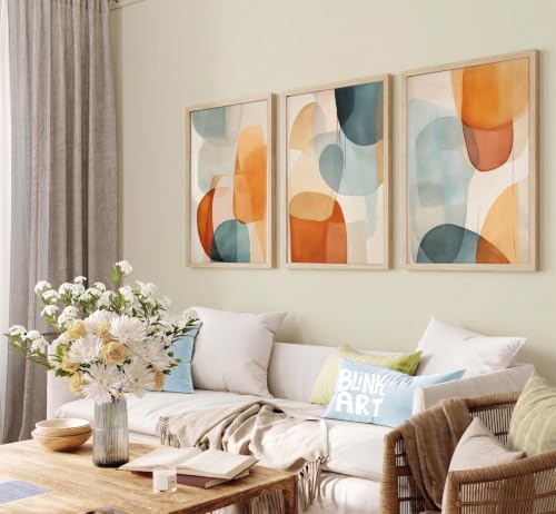 Image of BLINKART Set of 3 Teal Orange Natural Brown Frame Painting for Wall Decoration - Modern Art Wall Decor Framed Painting for Living Room Bedroom - Framed Wall Posters /Paintings (8X12 inch)