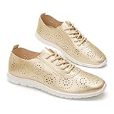 GLAMORA Zapatos Mujer Cordones Calados Transpirables Cómodos Ligeros Suela Flexible Antideslizante Plantilla Blanda Punta Fina Calzado Verano Ajuste Cómodo gold-39