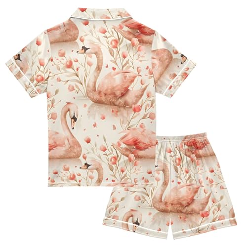 ALAZA Watercolor Cute Swan Satin Pajamas Set Short Sleeve Button Down Sleepwear Summer Pjs 2 Piece2